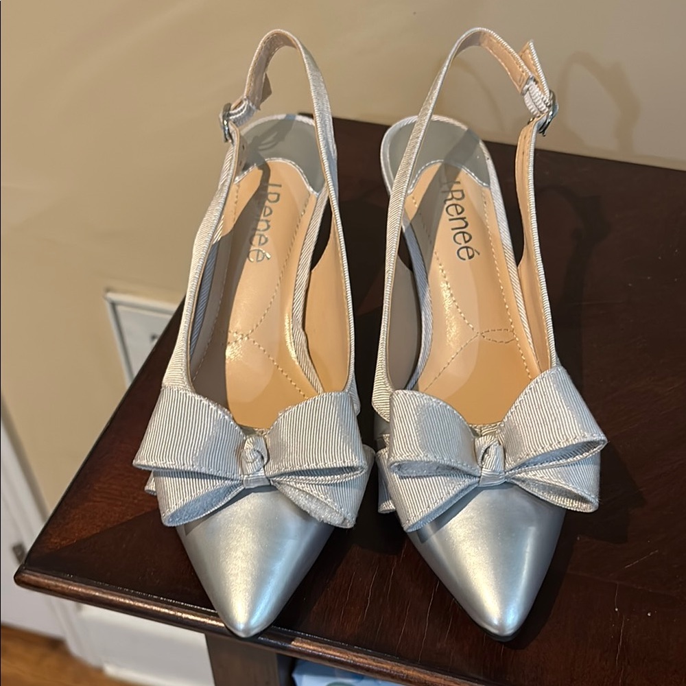 J.Renee Metallic Silver Slingback Heels with Bow